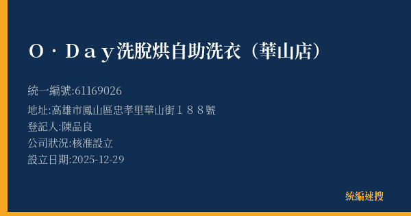 O.Day洗脫烘自助洗衣(華山店)的照片-統編 61169026(高雄市) 公司登記資料與營業項目詳細圖表