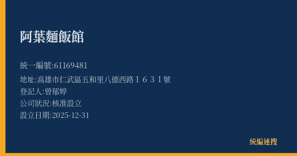 阿葉麵飯館的照片-統編 61169481(高雄市) 公司登記資料與營業項目詳細圖表