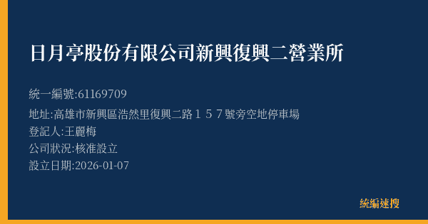 日月亭股份有限公司新興復興二營業所的照片-統編 61169709(高雄市) 公司登記資料與營業項目詳細圖表