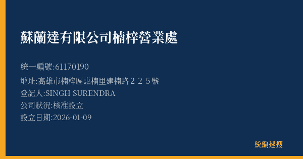 蘇蘭達有限公司楠梓營業處的照片-統編 61170190(高雄市) 公司登記資料與營業項目詳細圖表