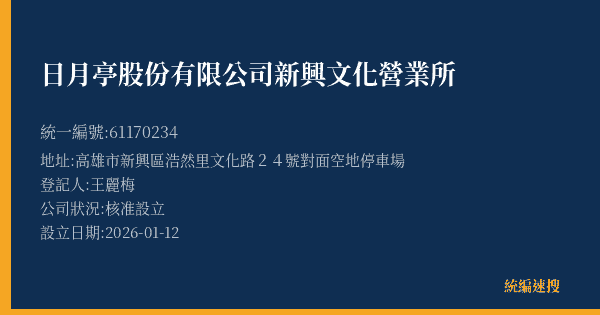 日月亭股份有限公司新興文化營業所的照片-統編 61170234(高雄市) 公司登記資料與營業項目詳細圖表