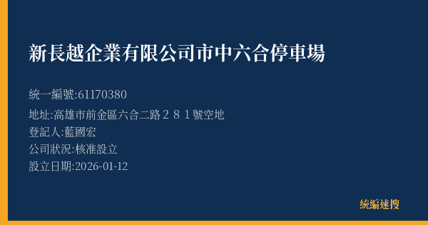 新長越企業有限公司市中六合停車場的照片-統編 61170380(高雄市) 公司登記資料與營業項目詳細圖表