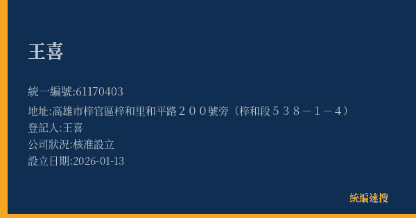 王喜的照片-統編 61170403(高雄市) 公司登記資料與營業項目詳細圖表