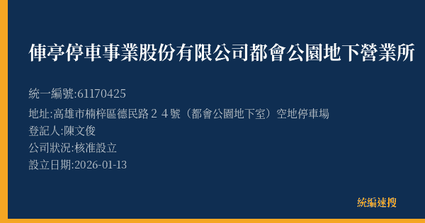 俥亭停車事業股份有限公司都會公園地下營業所的照片-統編 61170425(高雄市) 公司登記資料與營業項目詳細圖表