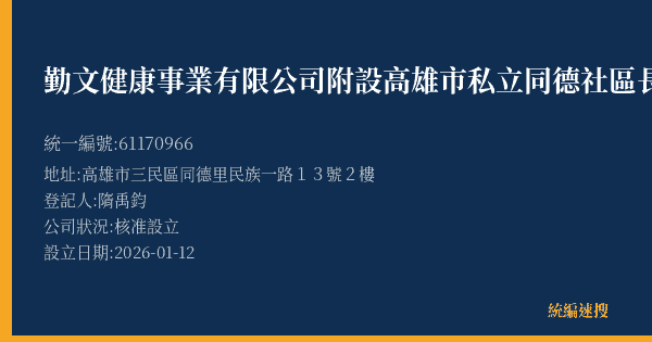 勤文健康事業有限公司附設高雄市私立同德社區長期機構的照片-統編 61170966(高雄市) 公司登記資料與營業項目詳細圖表