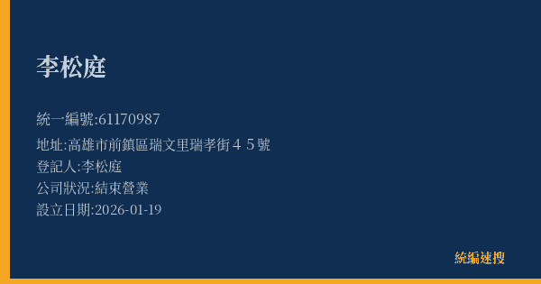 李松庭的照片-統編 61170987(高雄市) 公司登記資料與營業項目詳細圖表