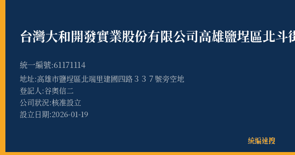 台灣大和開發實業股份有限公司高雄鹽埕區北斗街停車場的照片-統編 61171114(高雄市) 公司登記資料與營業項目詳細圖表