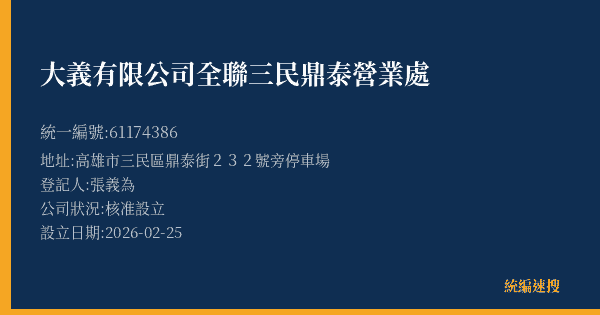 大義有限公司全聯三民鼎泰營業處的照片-統編 61174386(高雄市) 公司登記資料與營業項目詳細圖表
