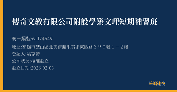 傳奇文教有限公司附設學築文理短期補習班的照片-統編 61174549(高雄市) 公司登記資料與營業項目詳細圖表