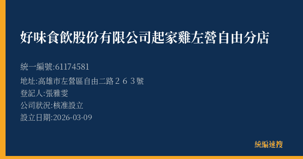 好味食飲股份有限公司起家雞左營自由分店的照片-統編 61174581(高雄市) 公司登記資料與營業項目詳細圖表