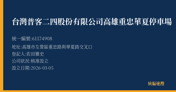 台灣普客二四股份有限公司高雄重忠華夏停車場的照片-統編 61174908(高雄市) 公司登記資料與營業項目詳細圖表