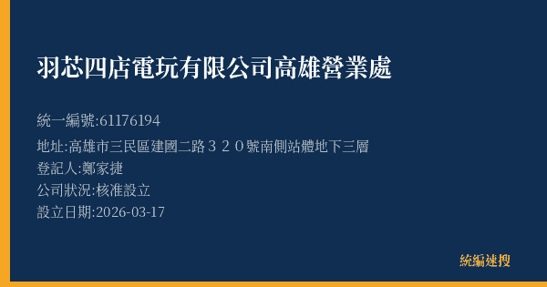 羽芯四店電玩有限公司高雄營業處的照片-統編 61176194(高雄市) 公司登記資料與營業項目詳細圖表