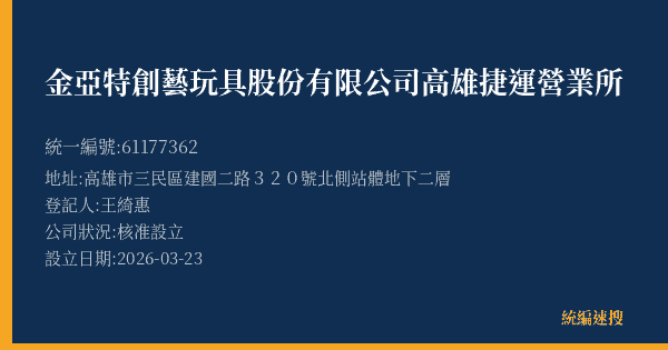 金亞特創藝玩具股份有限公司高雄捷運營業所的照片-統編 61177362(高雄市) 公司登記資料與營業項目詳細圖表