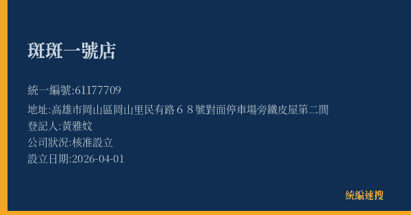 斑斑一號店的照片-統編 61177709(高雄市) 公司登記資料與營業項目詳細圖表