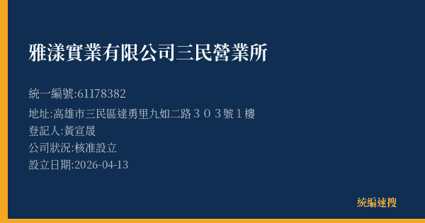 雅漾實業有限公司三民營業所的照片-統編 61178382(高雄市) 公司登記資料與營業項目詳細圖表