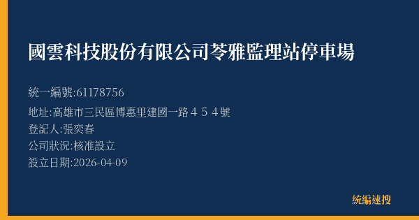 國雲科技股份有限公司苓雅監理站停車場的照片-統編 61178756(高雄市) 公司登記資料與營業項目詳細圖表