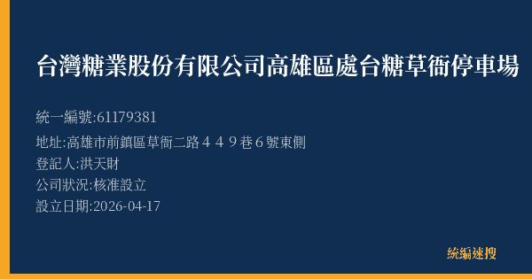 台灣糖業股份有限公司高雄區處台糖草衙停車場的照片-統編 61179381(高雄市) 公司登記資料與營業項目詳細圖表