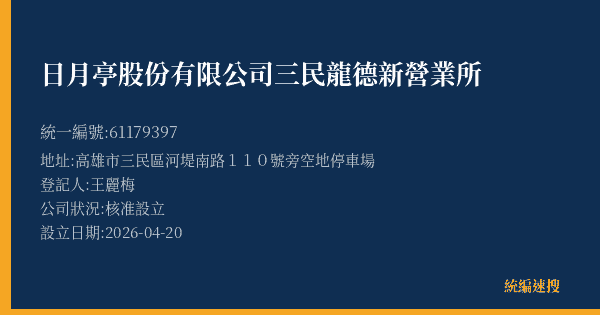 日月亭股份有限公司三民龍德新營業所的照片-統編 61179397(高雄市) 公司登記資料與營業項目詳細圖表