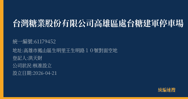台灣糖業股份有限公司高雄區處台糖建軍停車場的照片-統編 61179452(高雄市) 公司登記資料與營業項目詳細圖表