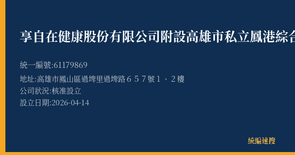 享自在健康股份有限公司附設高雄市私立鳳港綜合長照機構的照片-統編 61179869 公司登記資料與營業項目詳細圖表