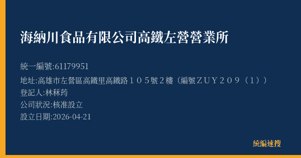 海納川食品有限公司高鐵左營營業所的照片-統編 61179951(高雄市) 公司登記資料與營業項目詳細圖表