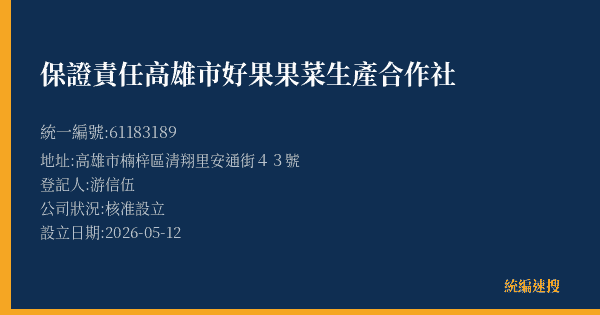 保證責任高雄市好果果菜生產合作社的照片-統編 61183189(高雄市) 公司登記資料與營業項目詳細圖表