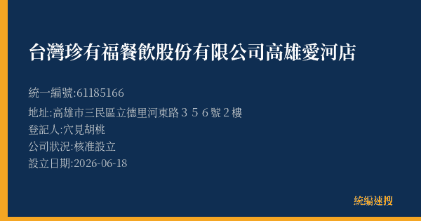 台灣珍有福餐飲股份有限公司高雄愛河店的照片-統編 61185166(高雄市) 公司登記資料與營業項目詳細圖表