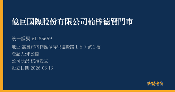 億巨國際股份有限公司楠梓德賢門市的照片-統編 61185659(高雄市) 公司登記資料與營業項目詳細圖表