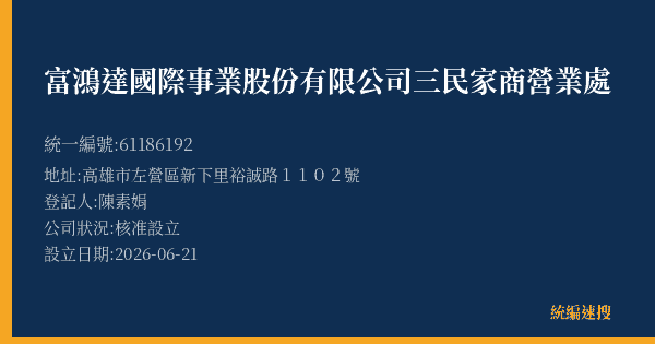 富鴻達國際事業股份有限公司三民家商營業處的照片-統編 61186192(高雄市) 公司登記資料與營業項目詳細圖表