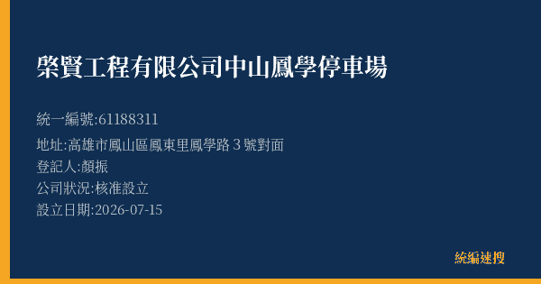 棨賢工程有限公司中山鳳學停車場的照片-統編 61188311(高雄市) 公司登記資料與營業項目詳細圖表