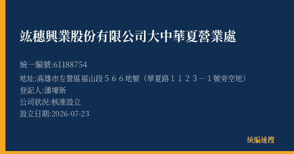 竑穗興業股份有限公司大中華夏營業處的照片-統編 61188754(高雄市) 公司登記資料與營業項目詳細圖表