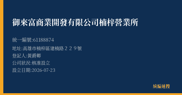 御來富商業開發有限公司楠梓營業所的照片-統編 61188874(高雄市) 公司登記資料與營業項目詳細圖表