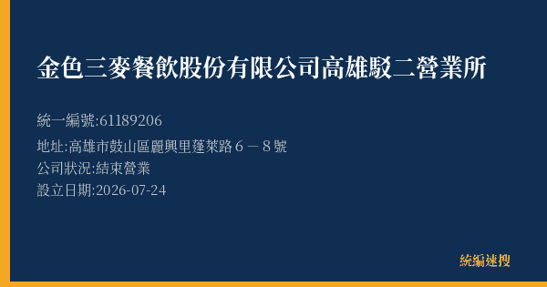 金色三麥餐飲股份有限公司高雄駁二營業所的照片-統編 61189206 公司登記資料與營業項目詳細圖表