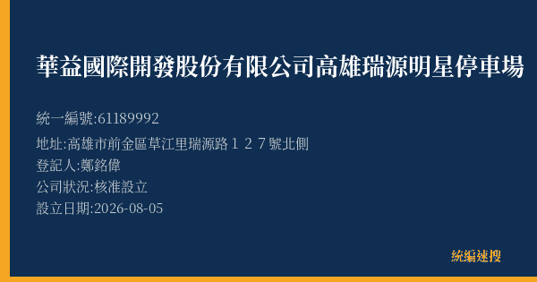華益國際開發股份有限公司高雄瑞源明星停車場的照片-統編 61189992(高雄市) 公司登記資料與營業項目詳細圖表
