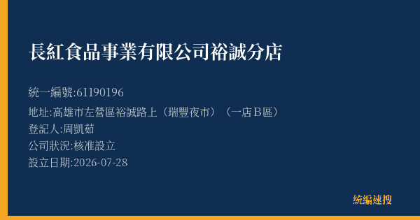 長紅食品事業有限公司裕誠分店的照片-統編 61190196(高雄市) 公司登記資料與營業項目詳細圖表
