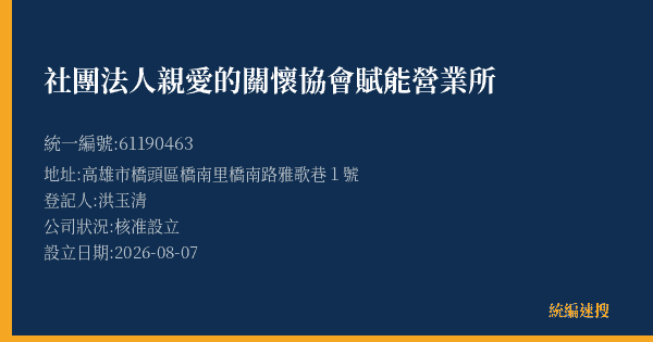 社團法人親愛的關懷協會賦能營業所的照片-統編 61190463(高雄市) 公司登記資料與營業項目詳細圖表