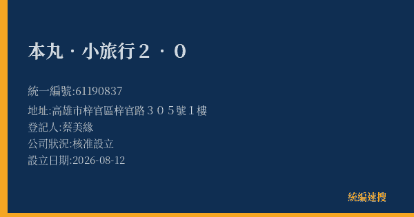 本丸.小旅行2.0的照片-統編 61190837(高雄市) 公司登記資料與營業項目詳細圖表