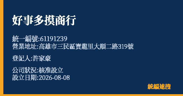 好事多摸商行的照片-統編 61191239(高雄市) 公司登記資料與營業項目詳細圖表