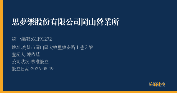 思夢樂股份有限公司岡山營業所的照片-統編 61191272(高雄市) 公司登記資料與營業項目詳細圖表