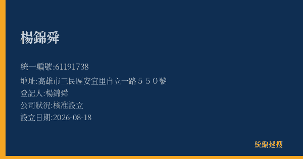 楊錦舜的照片-統編 61191738(高雄市) 公司登記資料與營業項目詳細圖表
