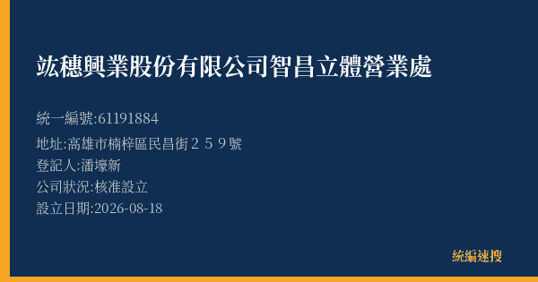 竑穗興業股份有限公司智昌立體營業處的照片-統編 61191884(高雄市) 公司登記資料與營業項目詳細圖表