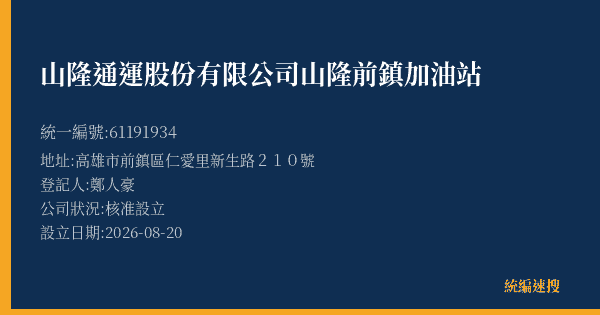 山隆通運股份有限公司山隆前鎮加油站的照片-統編 61191934(高雄市) 公司登記資料與營業項目詳細圖表