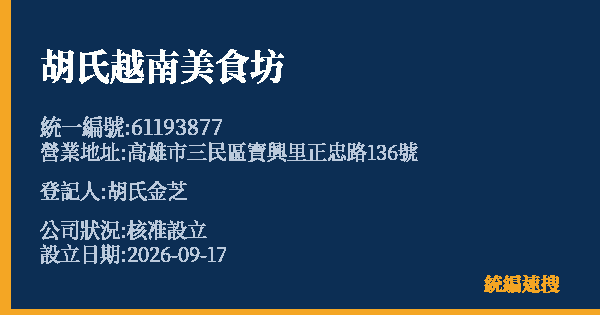 胡氏越南美食坊的照片-統編 61193877(高雄市) 公司登記資料與營業項目詳細圖表