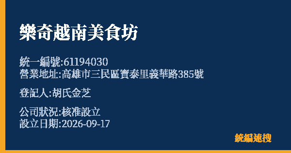 樂奇越南美食坊的照片-統編 61194030(高雄市) 公司登記資料與營業項目詳細圖表