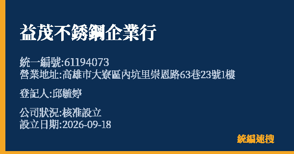 益茂不銹鋼企業行的照片-統編 61194073(高雄市) 公司登記資料與營業項目詳細圖表