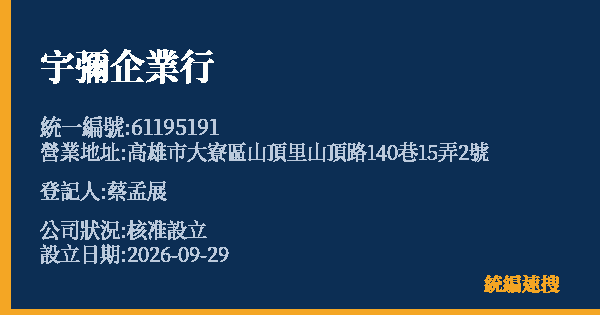 宇彌企業行的照片-統編 61195191(高雄市) 公司登記資料與營業項目詳細圖表