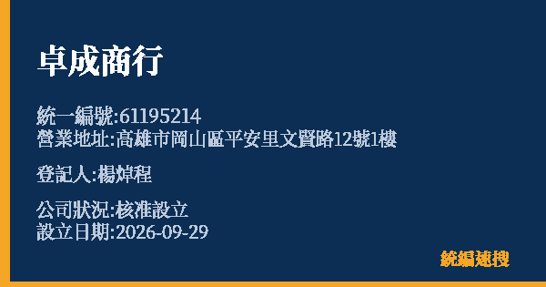 卓成商行的照片-統編 61195214(高雄市) 公司登記資料與營業項目詳細圖表