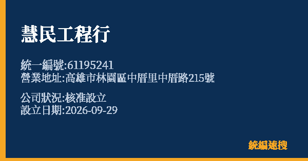 慧民工程行的照片-統編 61195241(高雄市) 公司登記資料與營業項目詳細圖表