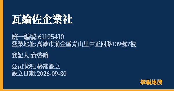瓦綸佐企業社的照片-統編 61195410(高雄市) 公司登記資料與營業項目詳細圖表