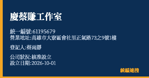 慶蔡賺工作室的照片-統編 61195679(高雄市) 公司登記資料與營業項目詳細圖表